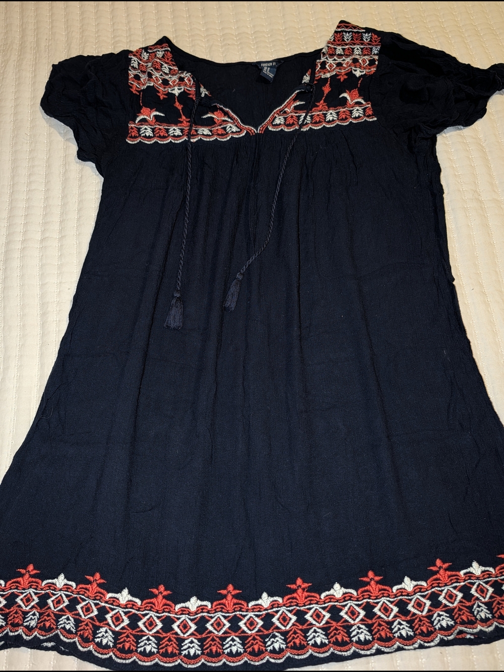 Forever 21 Navy Mini Dress with Red & White Embroidery